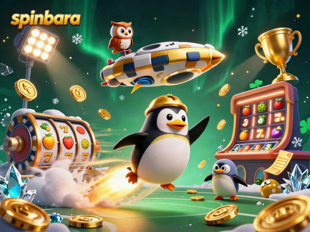 Spinbara Casino features a dynamic scene with a rocket-powered penguin, showcasing gaming excitement.