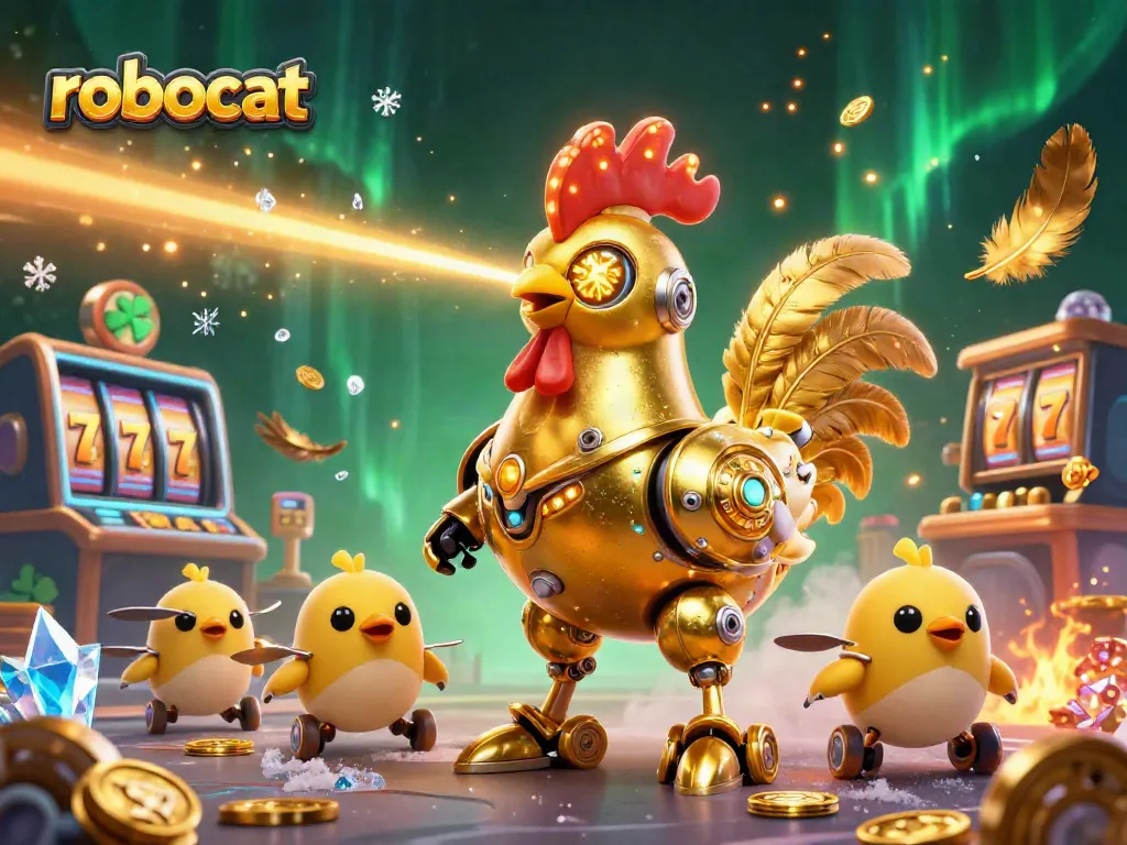 Robocat showcases a vibrant 3D casino scene with a golden rooster robot engaging in thrilling action.