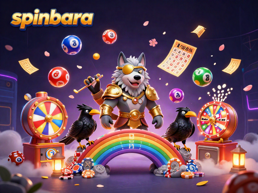 Experience exhilarating wins at spinbara with a vibrant 3D casino scene featuring mythical characters and dynamic gambling elements.