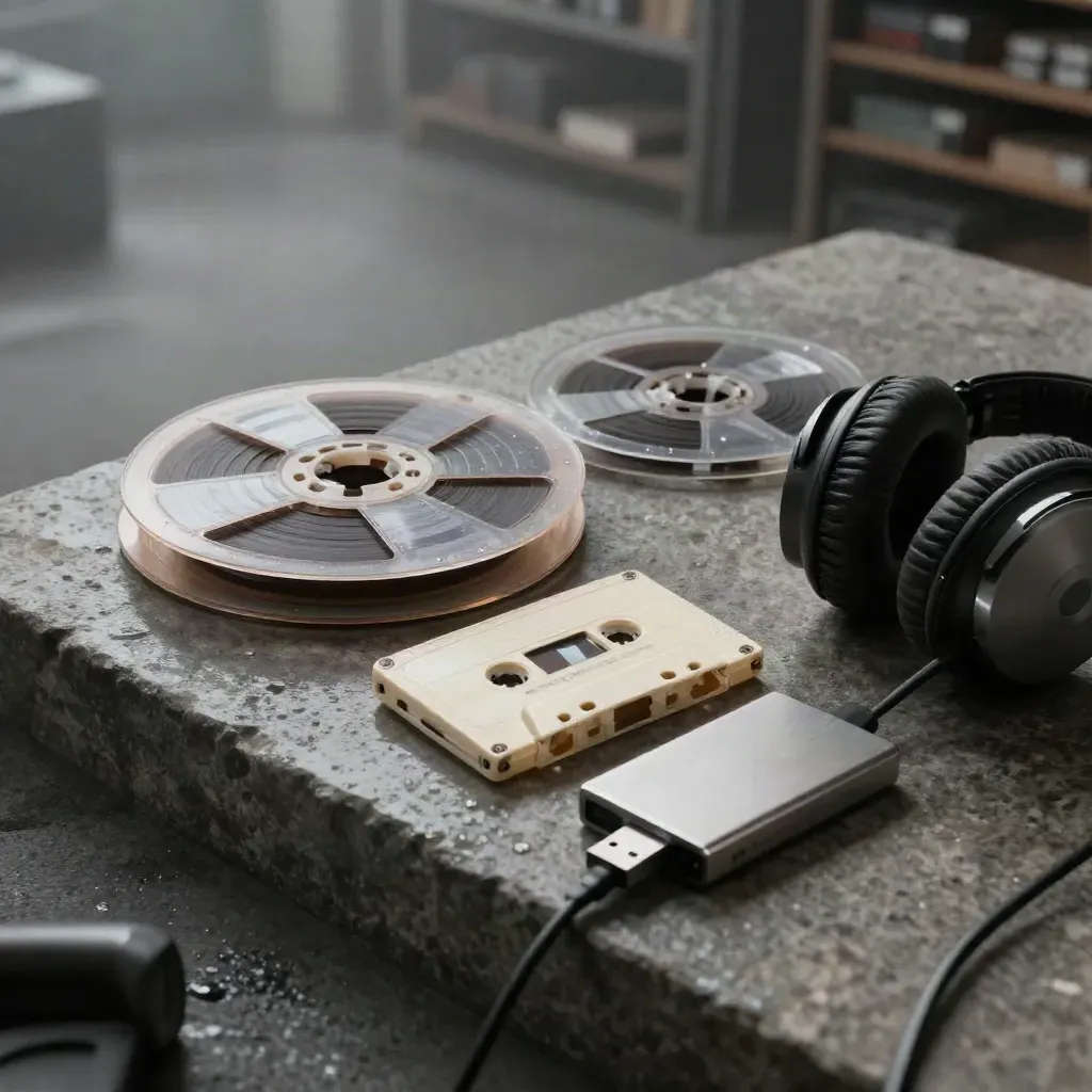 Carrete de cinta, casetes, USB y auriculares sobre piedra húmeda con luz suave.
