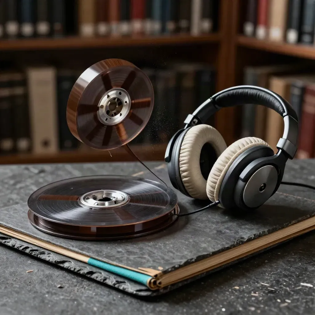 Carretes de cinta, auriculares de estudio y carpeta de archivo sobre piedra oscura, con luz dramática.
