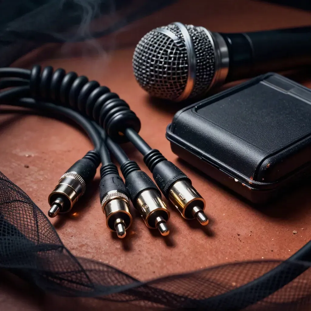 Cables XLR, micrófono y funda de SD sobre arcilla terracota con humo y fondo oscuro.