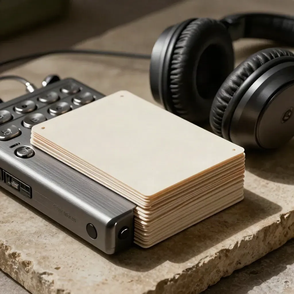 Reproductor portátil, tarjetas de archivo de audio y auriculares plegables sobre piedra mate.