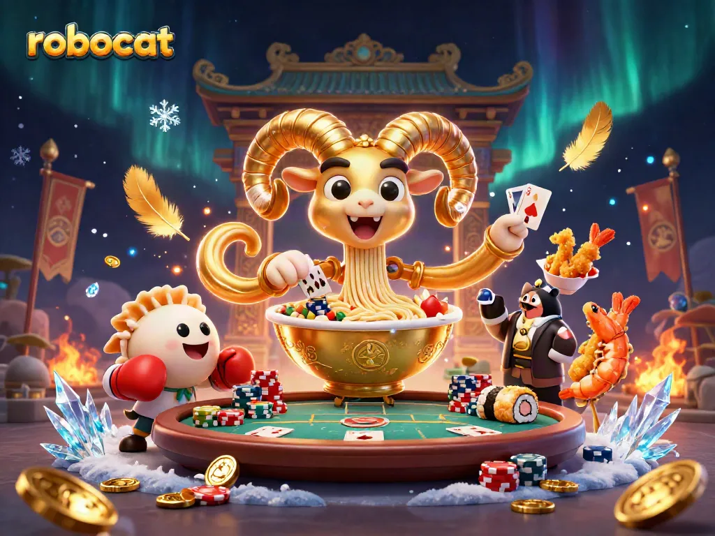 robocat brings excitement to poker with giant ramen bowl and card-dealing characters, full of casino energy
