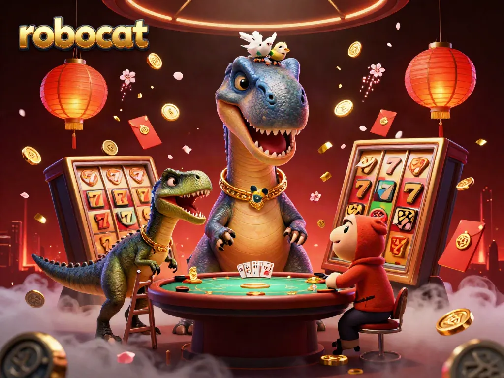 Robocat casino illustration showcasing a towering brontosaurus and a raptor dealing cards at a poker table amidst vibrant gaming elements